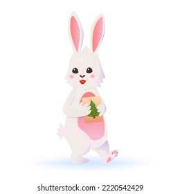 Funny rabbit holds a New Year and Christmas card in his hands. vector illustration