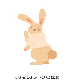 Funny rabbit in hoodie dancing demonstrate fluffy tail vector flat illustration. Cute bunny in clothes smiling having fun isolated on white. Adorable joyful animal with long ears