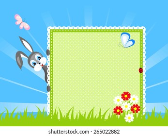 funny rabbit look out textile green board, red and white flowers on green grass, butterfly and ladybird on blue sky background, vector illustration

