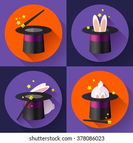 Funny Rabbit in a magic hat. Flat design style icon.