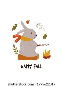 Funny rabbit with marshmallow sitting on a log. Autumn vector illustration. Nursery art, print