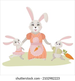 Funny rabbit mother with little rabbits in cartoon style. Hare is a farmer. Vector illustration isolated on white background.