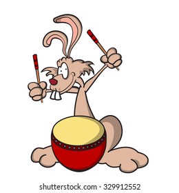 Funny rabbit musician playing big drum. Hand drawn vector cartoon illustration.