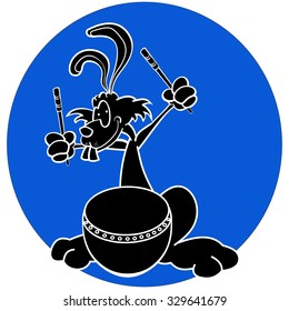 Funny rabbit musician playing drums on blue round background. Black silhouettes technique drawing.