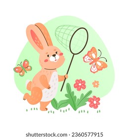 Funny rabbit with a net catches butterflies on the lawn.