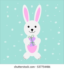 Funny rabbit. New year background with snow. Vector illustration for card.