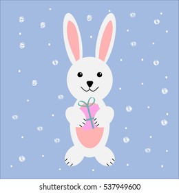 Funny rabbit. New year background with snow. Vector illustration for card.