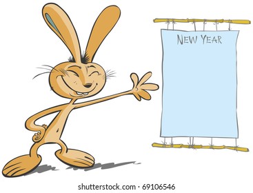 Funny rabbit with New year board in Chinese style.