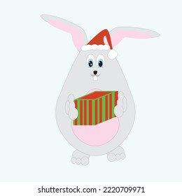 funny rabbit in a New Year's hat with a gift