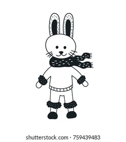 Funny rabbit. Nursery art. Minimalist scandinavian style. Character for kids card, print for t-shirt and more. Winter season.
