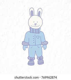 Funny rabbit. Nursery art. Minimalist scandinavian style. Character for kids card, print for t-shirt and more. Winter season.