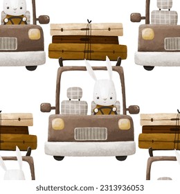 Funny rabbit o transport. Bunny travelling with tree bags on car. Children's cartoon. Seamless pattern. Endless childish design