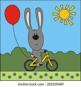 Funny rabbit on bike with red balloon.