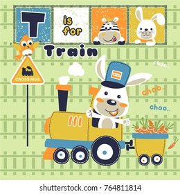 funny rabbit on steam train with friends, vector cartoon illustration