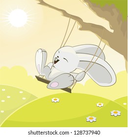 The funny rabbit on a swing in the sunny day. A vector.
