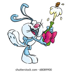 funny rabbit opening a bottle of champagne
