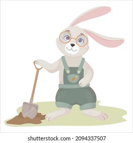 Funny Rabbit in overalls with a shovel in a cartoon style. Hare is a farmer. Vector illustration isolated on white background.