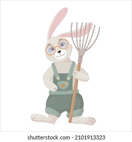 Funny Rabbit in overalls with a shovel in a cartoon style. Hare is a farmer. Vector illustration isolated on white background.