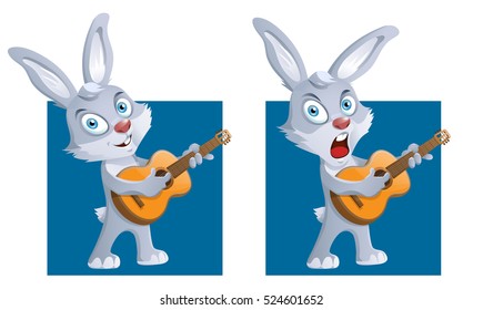 Funny rabbit playing guitar and singing a song. Cartoon styled vector illustration. Elements is grouped and divided into layers for easy edit.