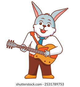 Coelho engraçado jogando guitarra.Cute rockstar hare.Animal desenhos animados character.Vetor ilustração. O músico toca violão. Músico com violão.