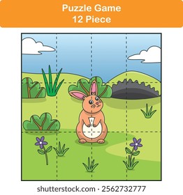 Funny rabbit. Puzzle games for kids. 12 piece. Child education. Vector illustration