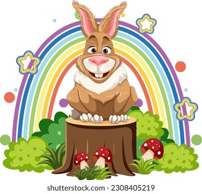 Funny Rabbit with Rainbow Background illustration