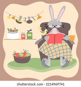 Funny rabbit reads a book with bird and drinks a tea sitting in the chair. Vector color illustration in flat style.