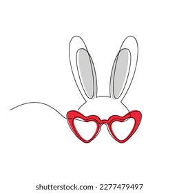 Funny rabbit in red heart shaped sunglasses vector. One line continuous drawing illustration. Hand drawn bunny hare linear icon. Outline print, banner, card,poster, brochure, logo, product packaging