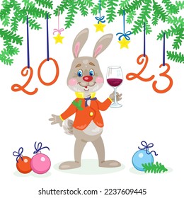 Funny rabbit in a red jacket stands with a glass of wine under the Christmas tree - a symbol of the new year 2023. Postcard in cartoon style. Isolated on white background. Vector illustration