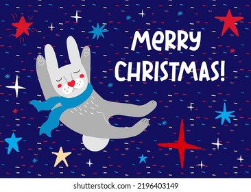 Funny rabbit in a red scarf sleeps against the background of the starry sky. Christmas greeting card with rabbit. Vector illustration