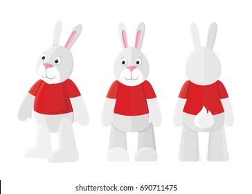 Funny rabbit in red t-shirt on white background from three angles. Vector illustration.