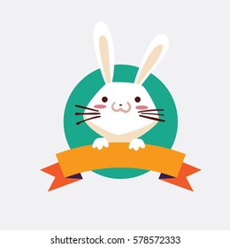 Funny rabbit with ribbon for your text. Vector illustration. Happy Easter