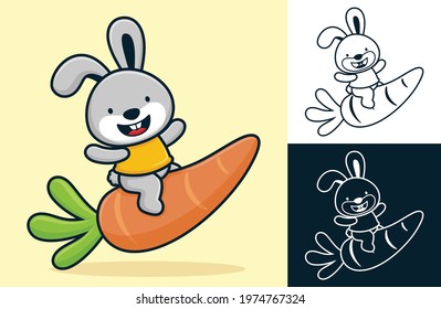 Funny rabbit riding big carrot. Vector cartoon illustration in flat icon style