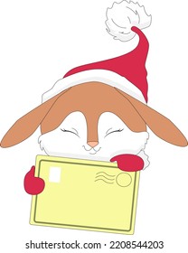 Un conejo gracioso con un sombrero de Papá Noel y una inscripción de felicitación. Tarjeta de felicitación navideña en el año del conejo 2023.