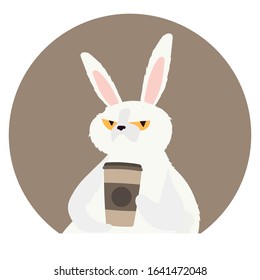 Funny rabbit with a serious look.
A hare with a sleepy look and a paper cup of coffee in its paws.
Coffee time concept.
Vector illustration.