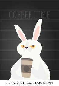 Funny rabbit with a serious look.
A hare with a sleepy look and a paper cup of coffee in its paws.
Coffee time concept.
Vector illustration.