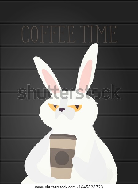 真面目な顔をした変なウサギ 眠そうな顔をした野うさぎと 手にコーヒーを入れた紙コップ コーヒーの時間のコンセプト ベクターイラスト のベクター画像素材 ロイヤリティフリー