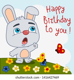 Funny rabbit sings a song Happy birthday to you - greeting card