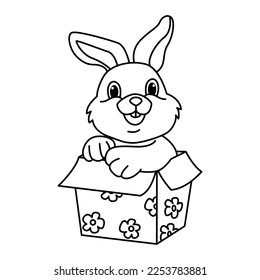 Funny rabbit sitting in box gift cartoon characters vector illustration. For kids coloring book.