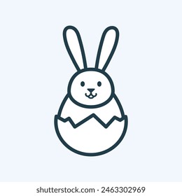 Funny rabbit sitting in a cracked Easter egg icon. Flat line pictogram with editable stroke. Chocolate bunny as a festive treat, celebration symbol. Cute animal character for your design. Vector