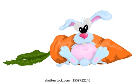 Funny rabbit sitting near a large carrot. Colorful vector illustration for your design