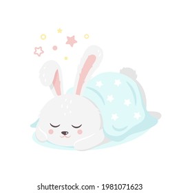 Funny rabbit sleeping covered by blanket vector flat illustration. Cute sleepy bunny lying down having sweet dream isolated on white. Childish colorful animal relaxing