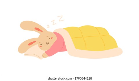 Funny rabbit sleeping on pillow covered by blanket vector flat illustration. Cute sleepy bunny lying down having sweet dream isolated on white. Childish colorful animal relaxing wearing pajamas