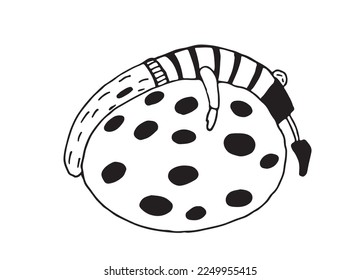 Funny rabbit sleeps on an Easter egg. Cute easter bunny, egg with patterns isolated on white background. Traditional element. Happy easter. Vector illustration.