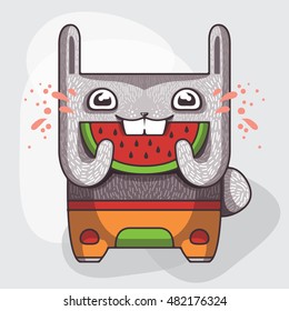 Funny rabbit with a slice of watermelon. Vector illustration. Bunny character eat a fresh fruit.
