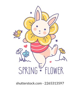 Funny rabbit in spring daisy costume, little baby bunny. Comic cartoon character for tee print with quote, baby shower invitation card, kids wear, kids dishes, toddlers toys