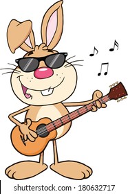 Funny Rabbit With Sunglasses Playing A Guitar And Singing. Vector Illustration Isolated on white