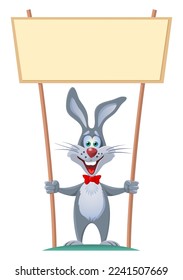 El conejo divertido como símbolo de 2023 tiene un cartel o cartel en blanco para información, publicidad o marketing. Ilustración vectorial con estilo de dibujos animados. 