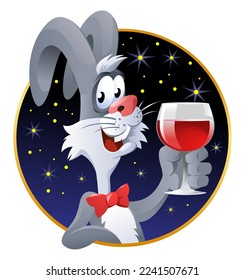 Funny rabbit as a symbol of 2023 year congratulates everyone with a glass of wine. Cartoon styled vector illustration. 