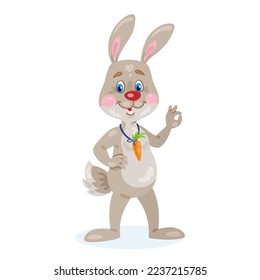 Funny rabbit - a symbol of the New Year stands and shows a gesture of ok. In cartoon style. Isolated on white background. Vector flat illustration.